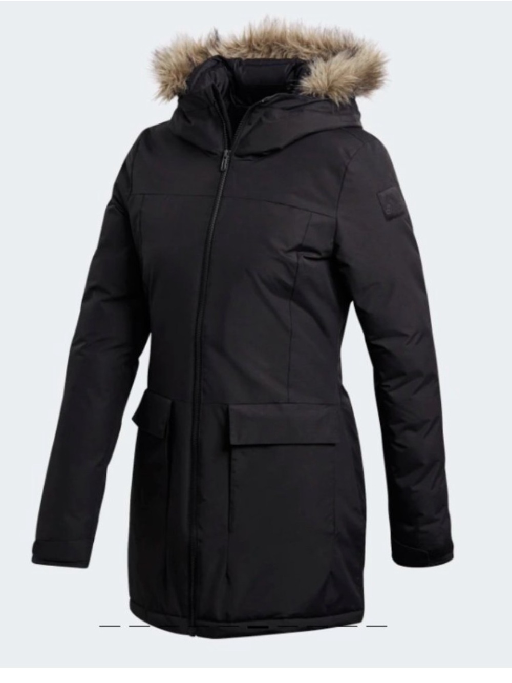 adidas women’s Black Faux-Fur Trim Hooded Winter Parka Jacket